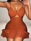 Elegant Off-Shoulder Twist Cut-Out Dress for Women - Bodycon, Sleeveless, Mid-Length with Ruffle Detail, Machine Washable