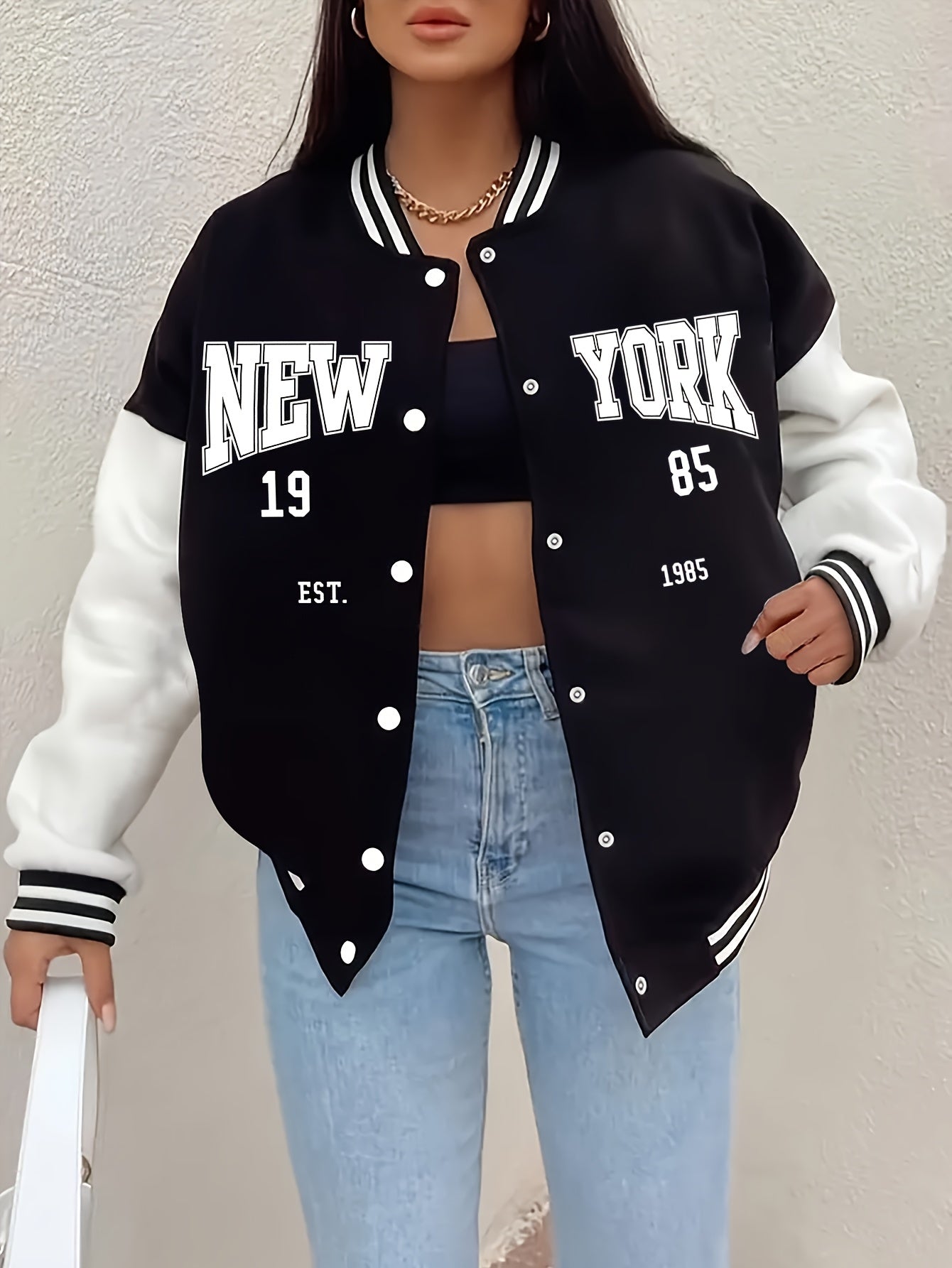 Women'S Casual Fall/Winter Polyester Baseball Collar Knit Jacket with Alphabet Pattern