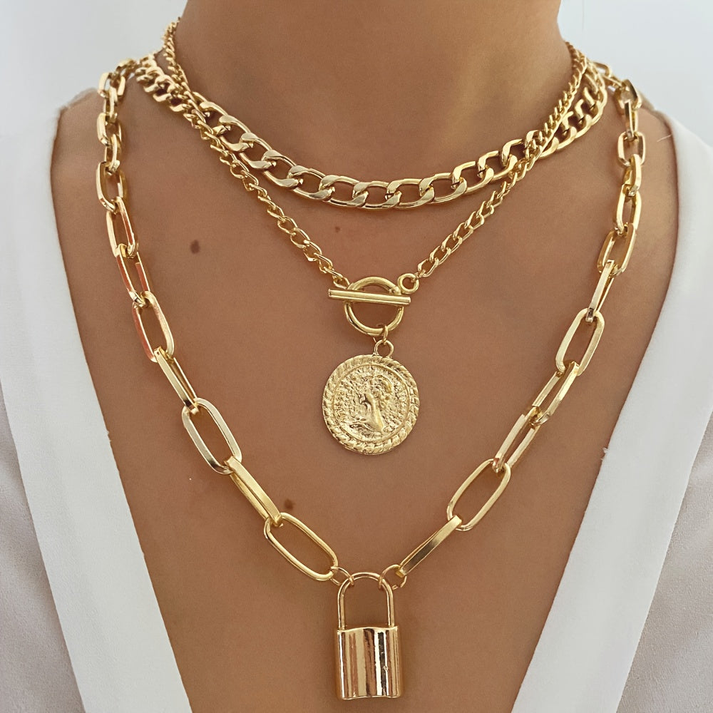 3pcs Retro Elegant Fashion Metal Round Head Lock Portrait OT Buckle Multi-layer Necklace Personalized Hip-hop Stacked Collarbone Chain Suitable for Women's Vacation Party Date Gift Daily Wear Halloween Valentine's Day New Yea