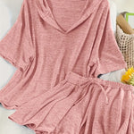 Spring/Summer Women'S Casual Set: Short-Sleeved Hoodie Top with Ribbed Hem And Elasticated Shorts