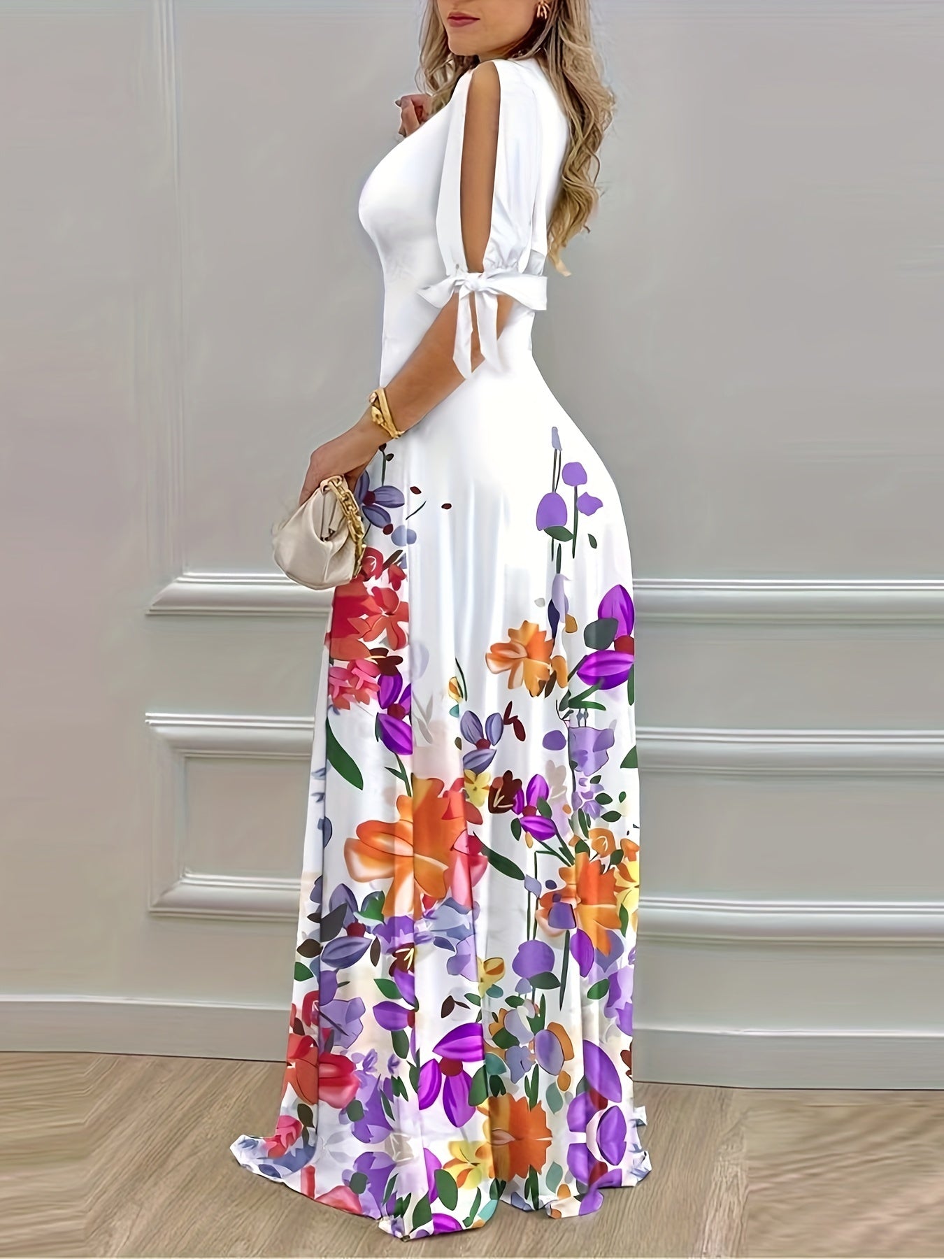 Charming Floral Print V Neck A-line Dress - Lightweight & Flattering for Spring & Summer - Casual Split Hem Design - Ideal Womens Fashion Wardrobe Staple