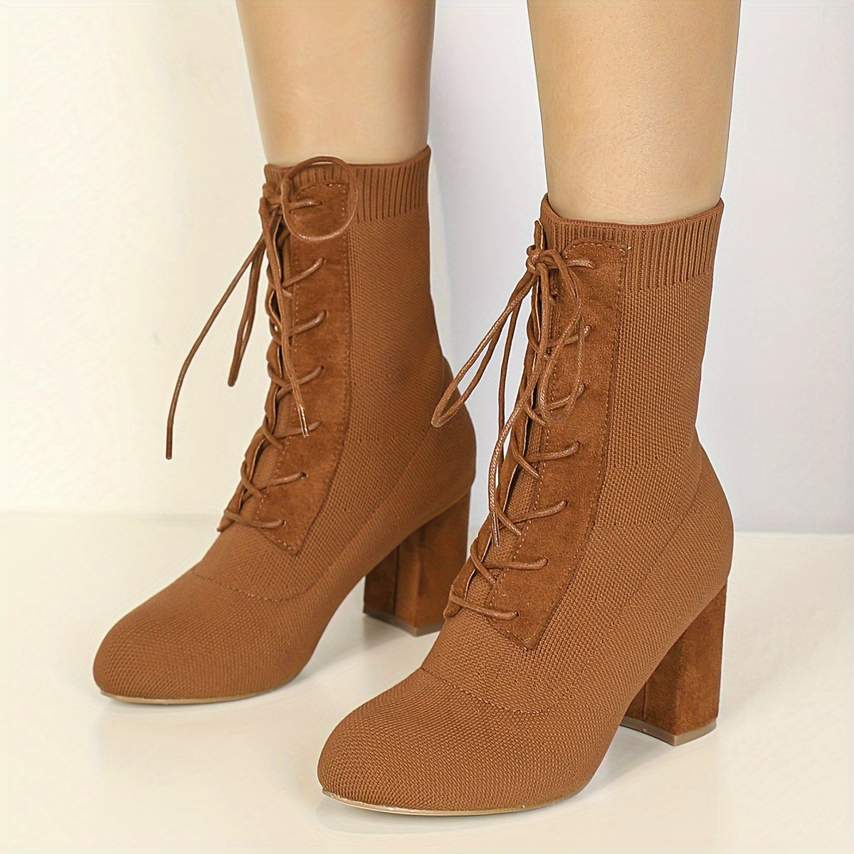 Women's High Heeled Boots with Thick Heels And Fly Woven Uppers, Tied Straps, Thick Heels, Round Toe, And Midsole Boots Are Fashionable And Suitable for Daily Wear