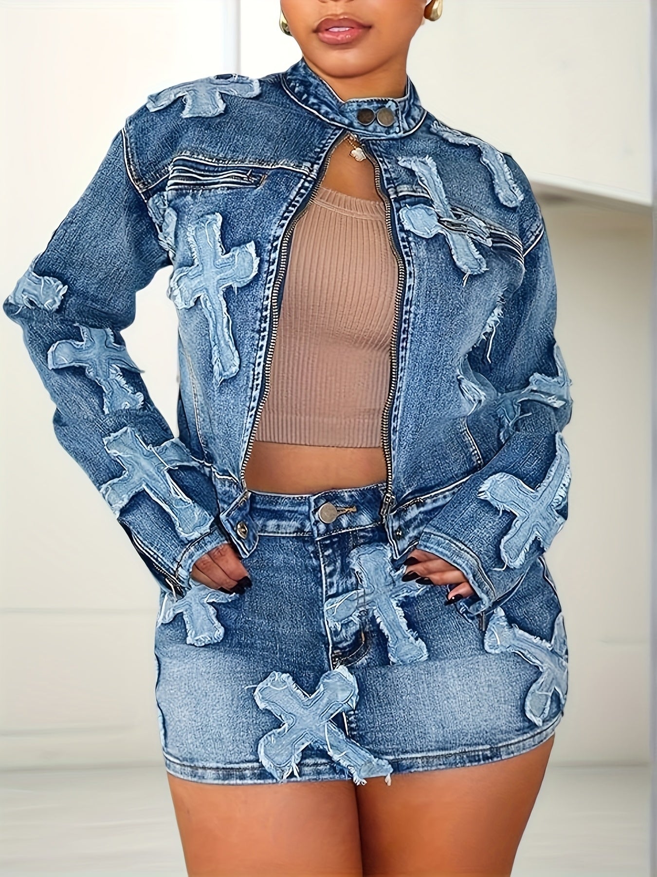 Skirt Sets Women 2pcs Outfits Denim Long Sleeve Full Zip Embroidery Crop Jean Jacket Mini Skirt Set