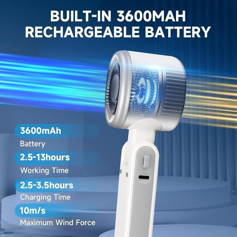Portable turbo fan, with 5 speed adjustment settings, digital display, three-in-one handheld mini fan, USB rechargeable fan, essential item for holidays, suitable for travel, bedroom, camping and outdoor use.