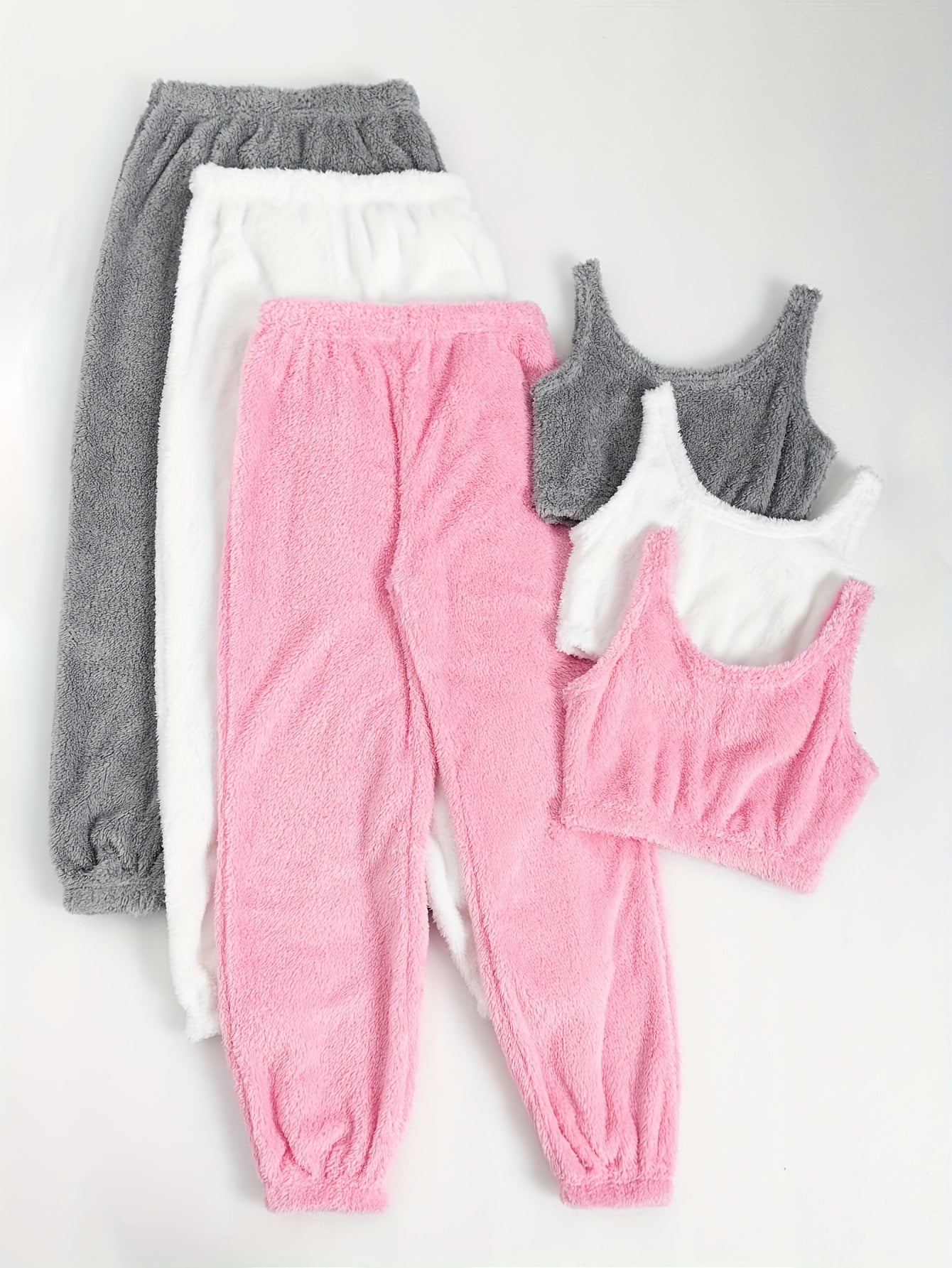 Women's Winter Plush Loungewear Set - 3 Pack Soft Crop Tank Tops And High-Waisted Jogger Pants