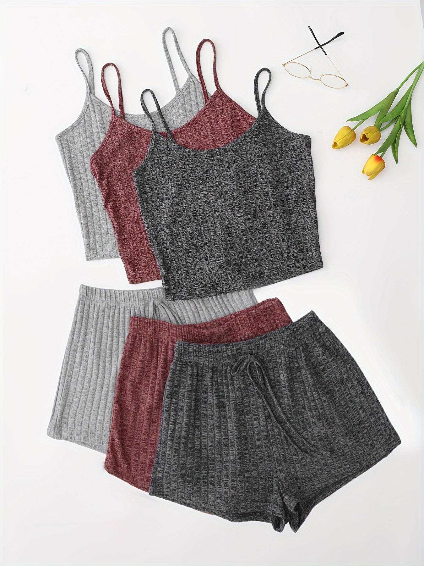 3 Sets Solid Pajama Set, Round Neck Cami Top & Lace-up Shorts, Women's Sleepwear & Loungewear