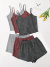 3 Sets Solid Pajama Set, Round Neck Cami Top & Lace-up Shorts, Women's Sleepwear & Loungewear