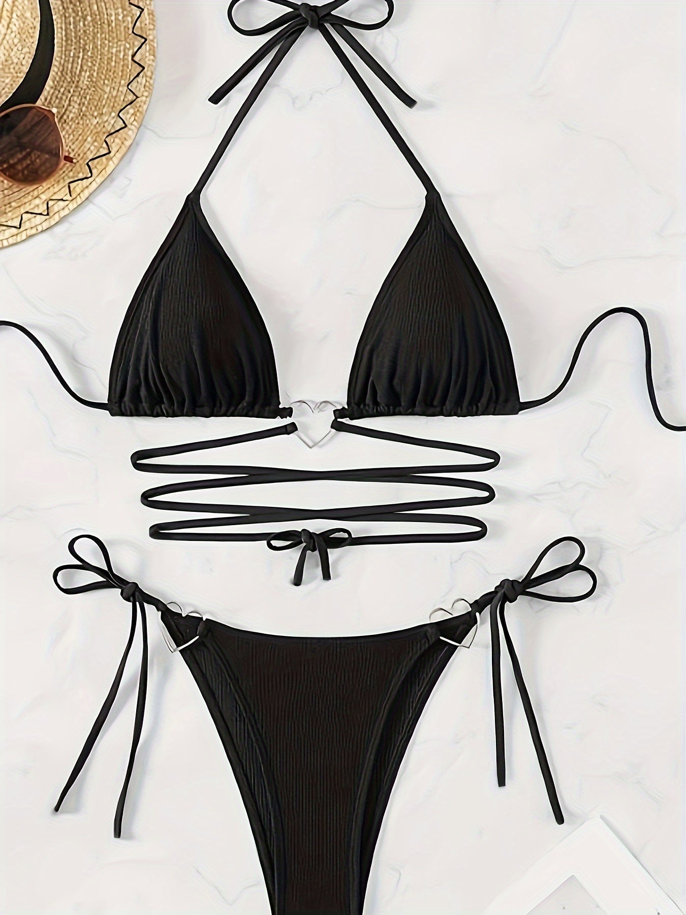 2 Piece Set Solid Color Sexy Halter Neck Backless Heart-Linked High Cut Bikini, Women's Swimwear & Clothing