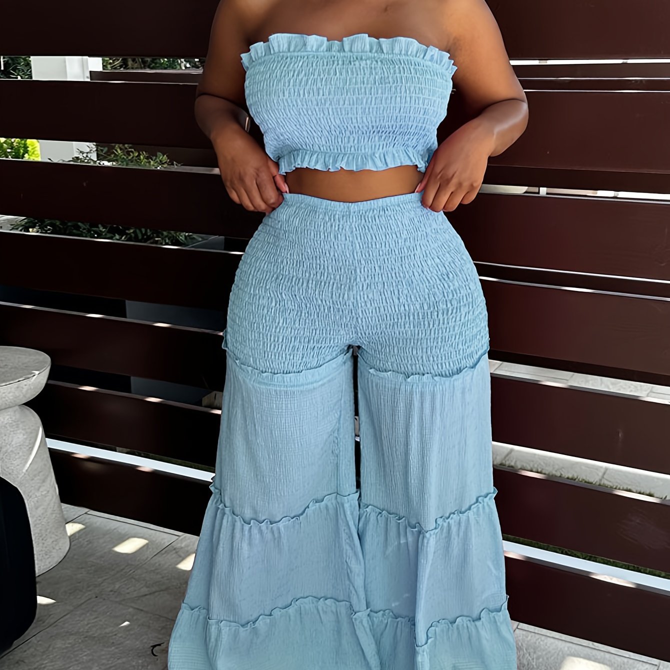 Elegant V-Neck High-Waist Wide Leg Two-Piece Set with Ruched Detail - Sexy Corset & Strapless Top, Polyester Blend, Perfect for Spring/Summer, Chic Outfit|Vneck Top|Polyester Blend
