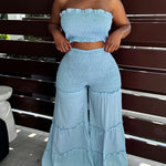 Elegant V-Neck High-Waist Wide Leg Two-Piece Set with Ruched Detail - Sexy Corset & Strapless Top, Polyester Blend, Perfect for Spring/Summer, Chic Outfit|Vneck Top|Polyester Blend