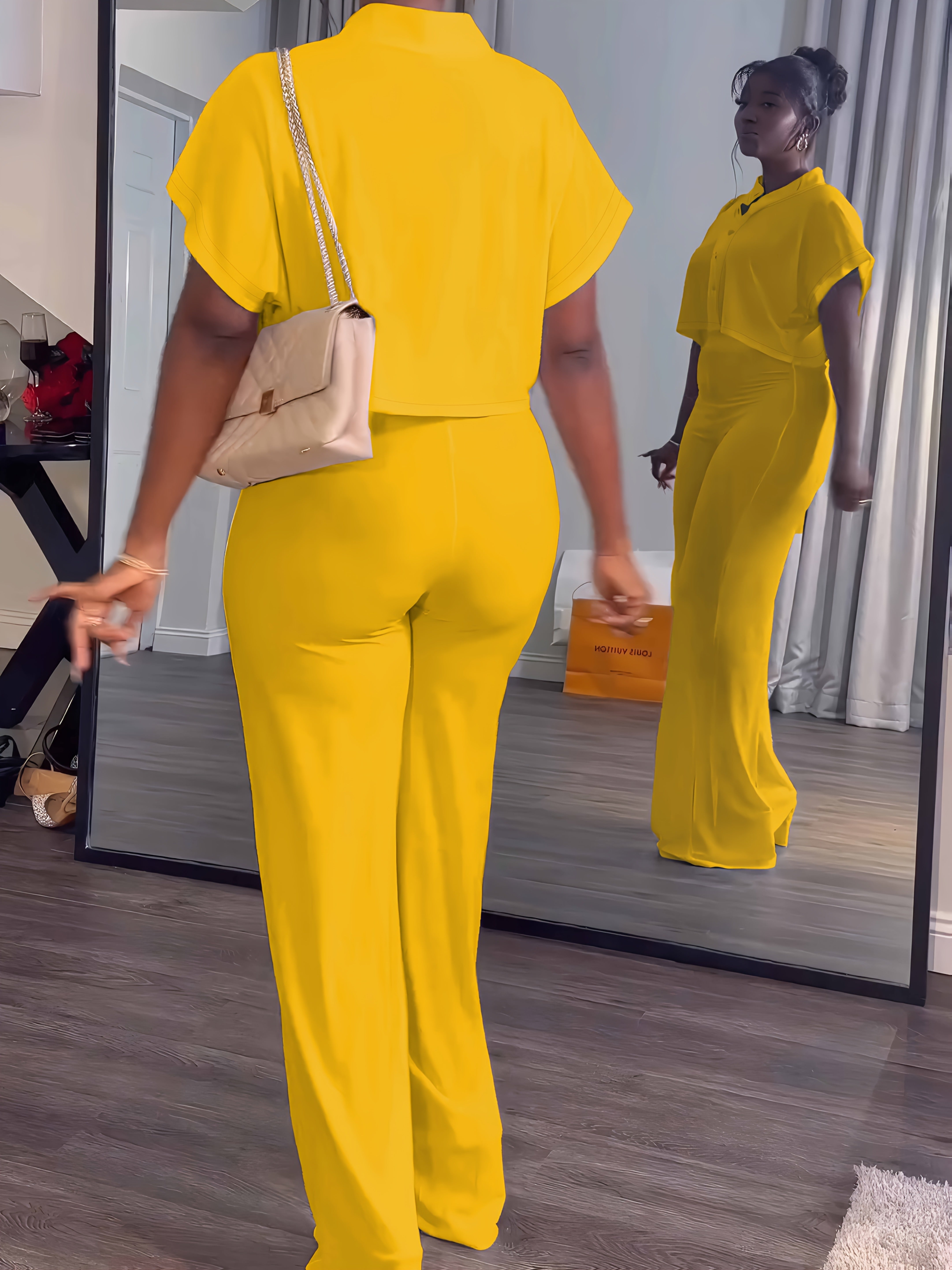 Women's Summer 2pcs Outfits Casual Tracksuit Short Sleeve Button Crop Top Wide Leg Long Pant Lounge Sets