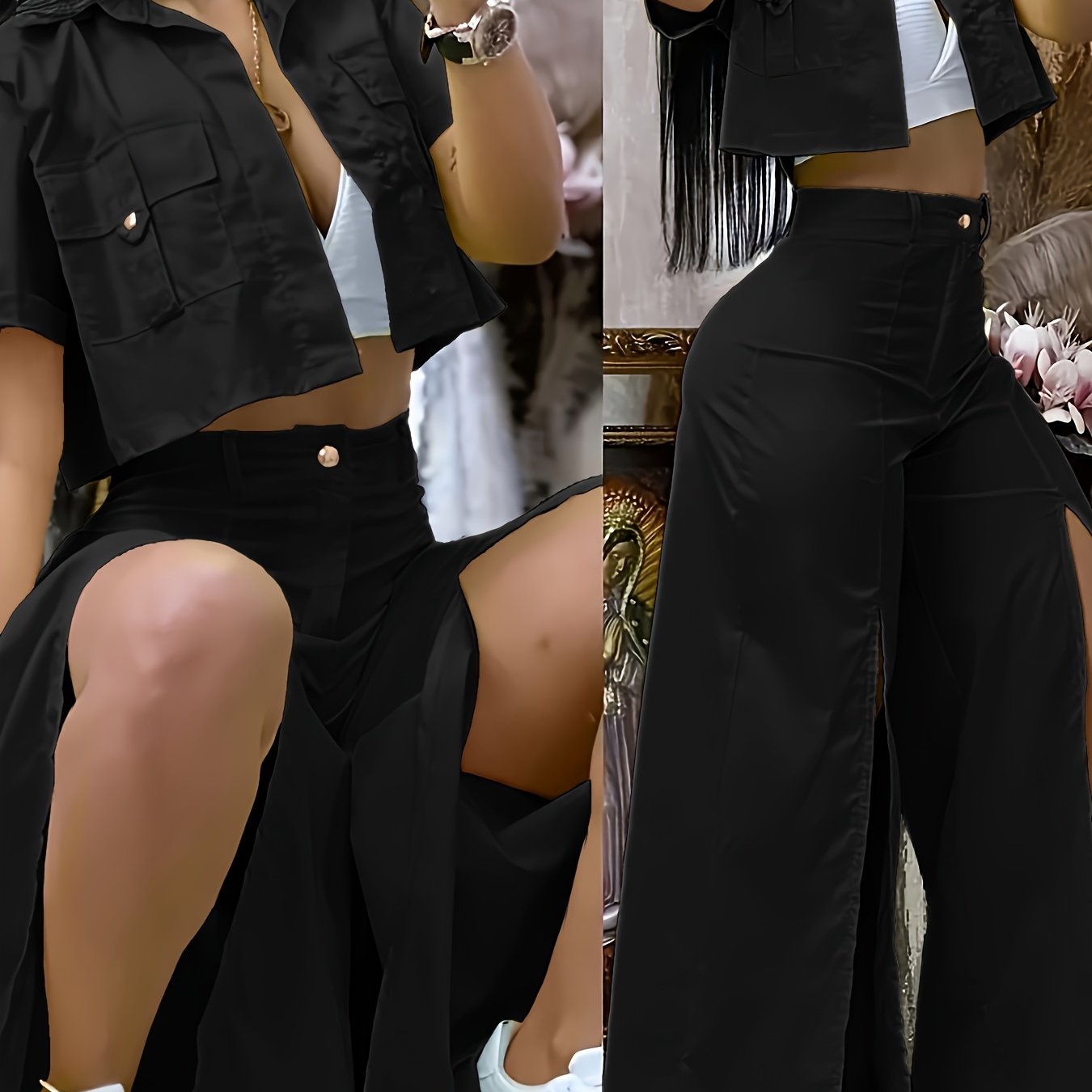 [Vibrant Yellow Set] Two-Piece Vibrant Yellow Women's Casual Set - Short Sleeve Button-Up Shirt & High-Waist Wide-Leg Pants with Thigh-High Slit, Polyester, Machine Washable