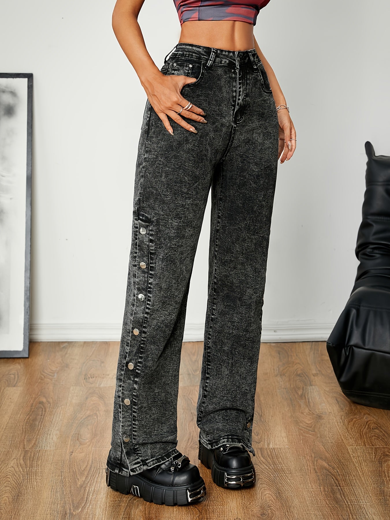 Women's High-Waisted Straight Leg Jeans with Side Slit - Casual Denim in Black, Loose Fit, Button Closure, Perfect for Spring and Fall, Allseason Jeans | Split Hem Style | Denim Fabric