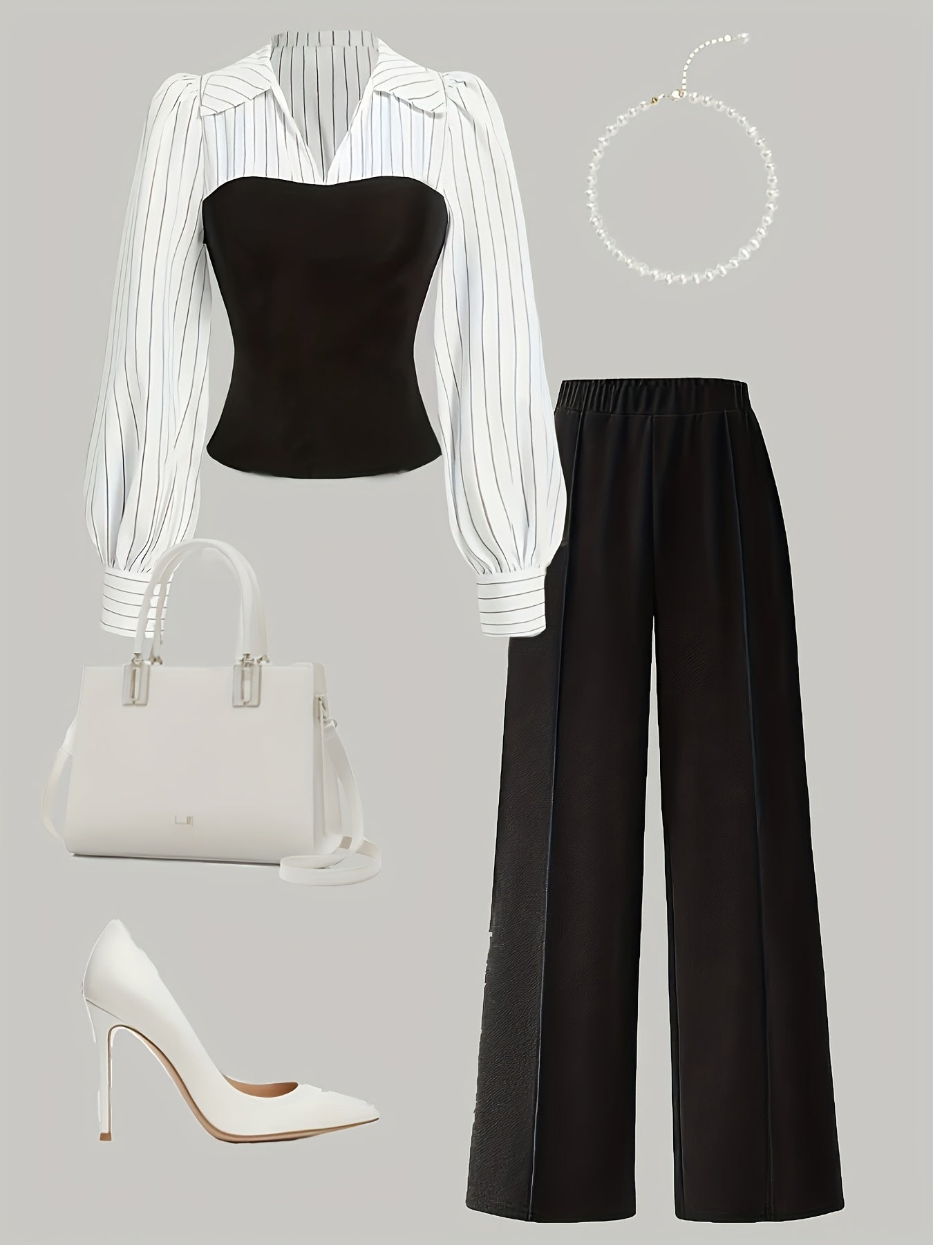 Women's Casual Elegant Two-Piece Set with Color Block Stitched Shirt and Wide-Leg Pants Suitable for All Seasons, Machine Washable, Striped V-Neck Long Pants Outfit, Accessories Not Included