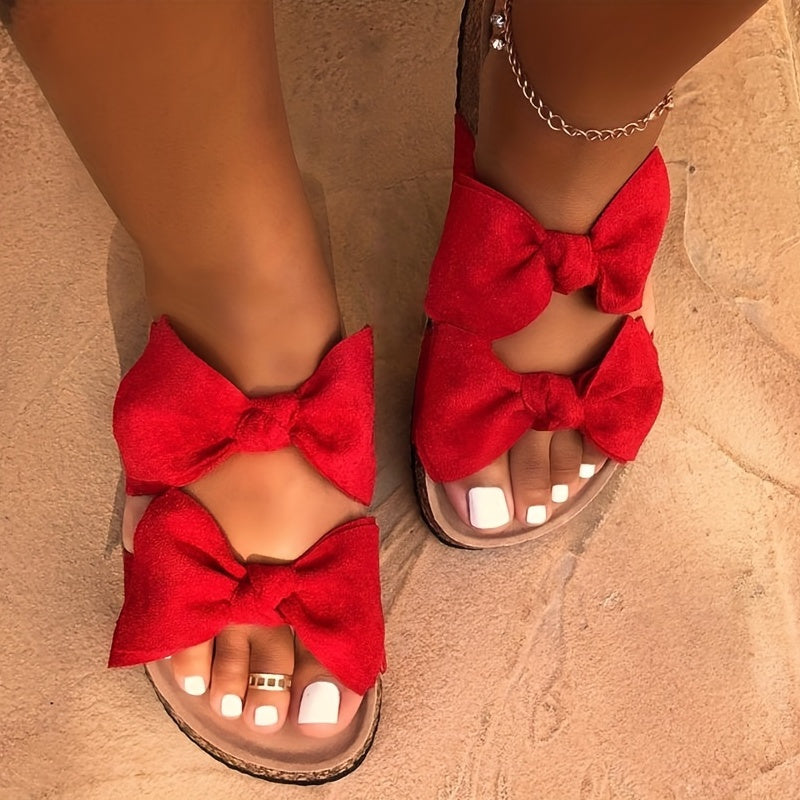 Women's Bow Tie Decor Slippers - Open Toe Round Toe Platform Slides - Fashionable Flat Shoes - For Women - Perfect for Casual Wear & Lounging - Ideal Gift for Her