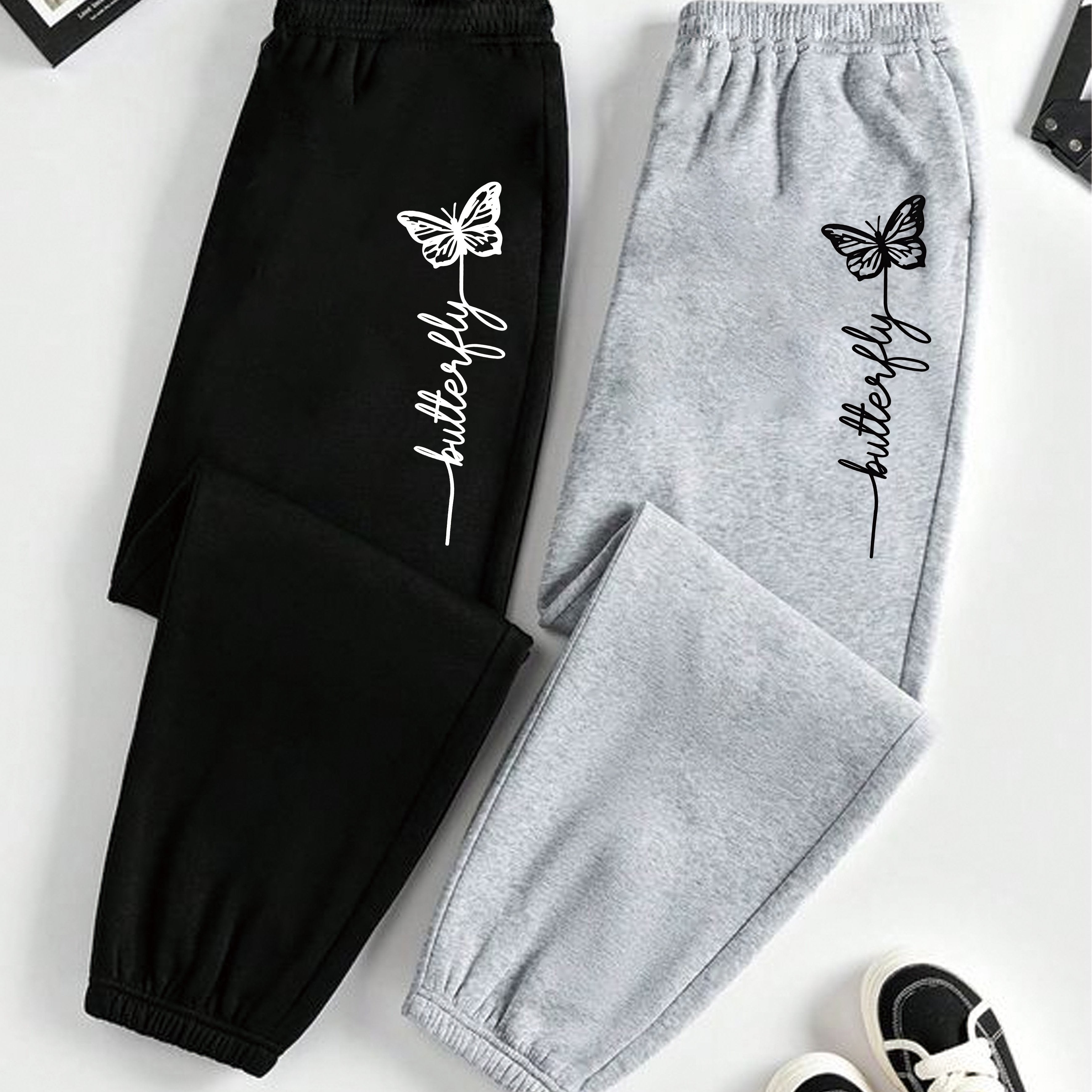Women's Polyester Jogger Pants Pack of 2 - Casual Elastic Waist Sweatpants with Butterfly Print for Spring/Summer/Fall - Comfortable Knit Fabric Joggers with Precision Graphic, 95% Polyester 5% Elastane