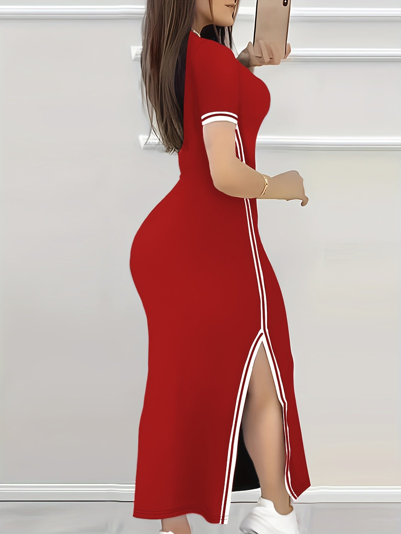 Women's Contrast Trim Split Hem Bodycon Dress - Elegant Crew Neck Short Sleeve Dress For Spring & Summer - For Women - Perfect for Parties & Casual Occasions - Stylish Gift for Fashionable Ladies