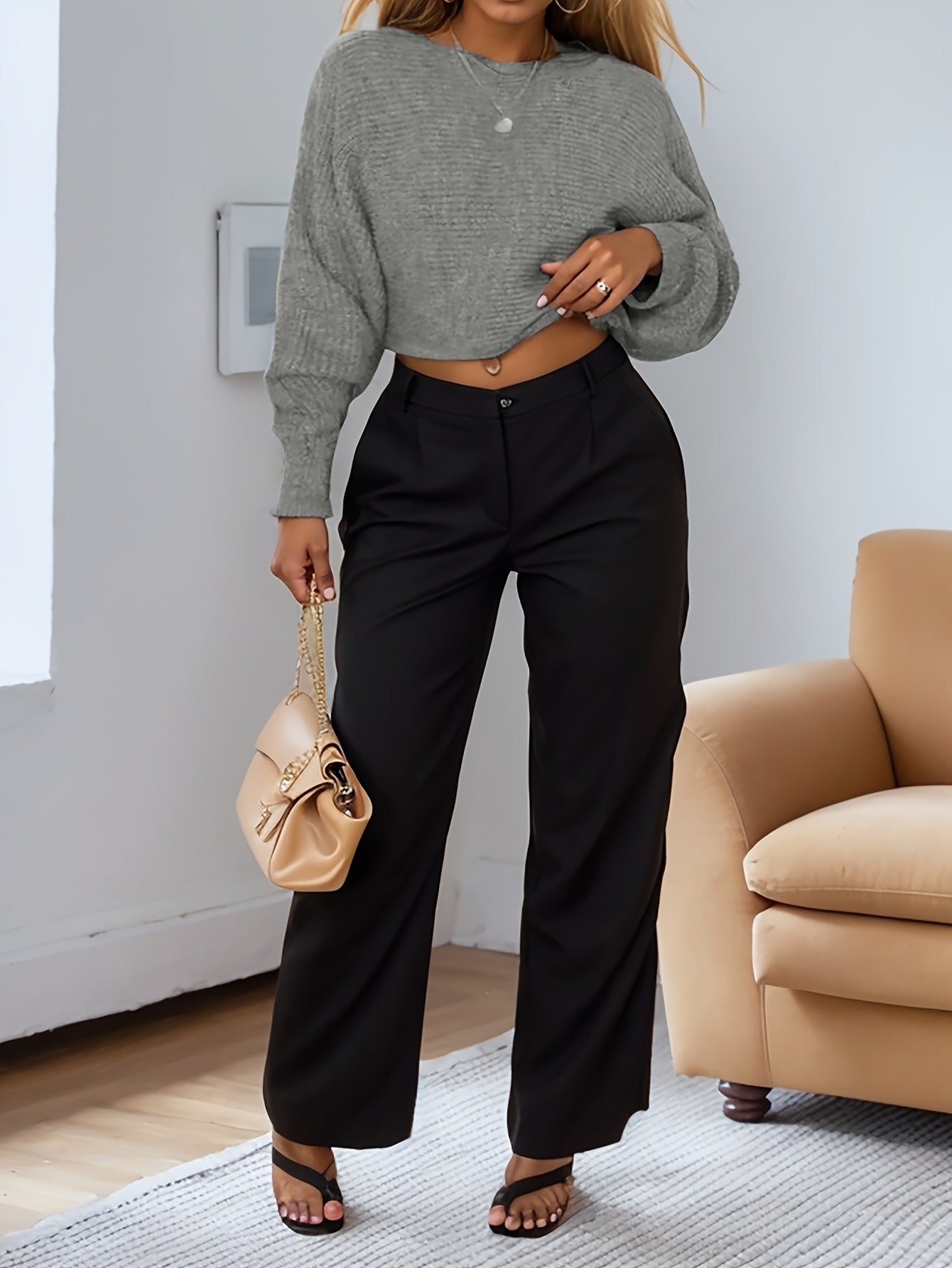 Women'S Elegant Solid Color Crew Neck Sweater with Tie Back Batwing Sleeves, 100% Acrylic Knit Fabric, Long Sleeve Top for Spring/Fall Season