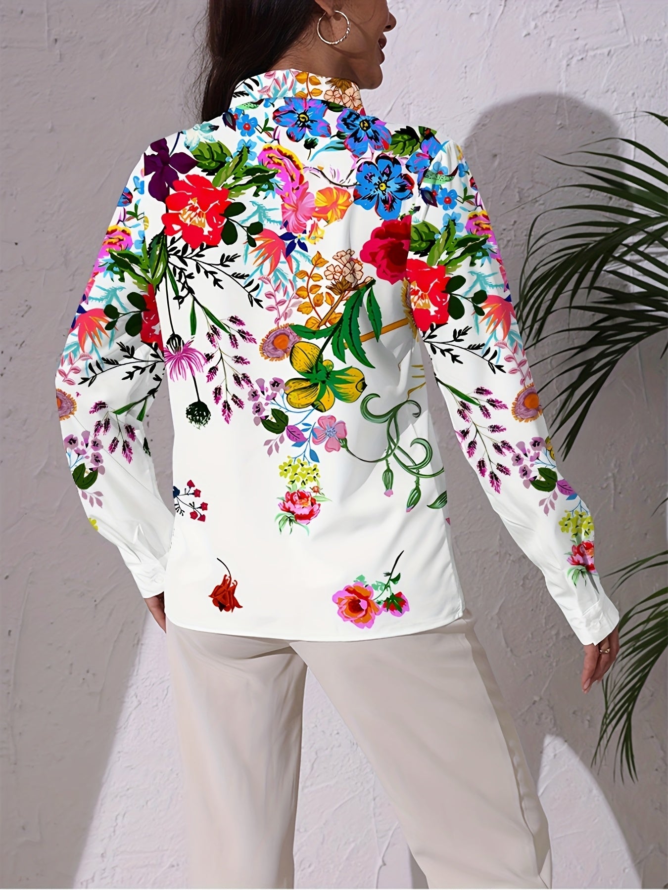 Women'S Floral Print Long Sleeve Shirt, Casual Polyester 100% Woven Blouse, Lapel Collar, Spring/Fall Season, 110g/m² Fabric Weight, Adult Fashion