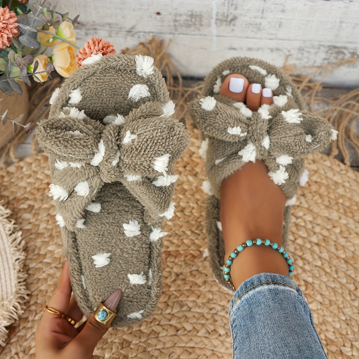 Women's Casual Polka Dot Pattern Slippers with Cute Bow, Comfortable Warm Plush Indoor House Shoes, Fabric Upper/Inner, EVA Sole, Hand Washable - Spring/Fall Season, House Slippers