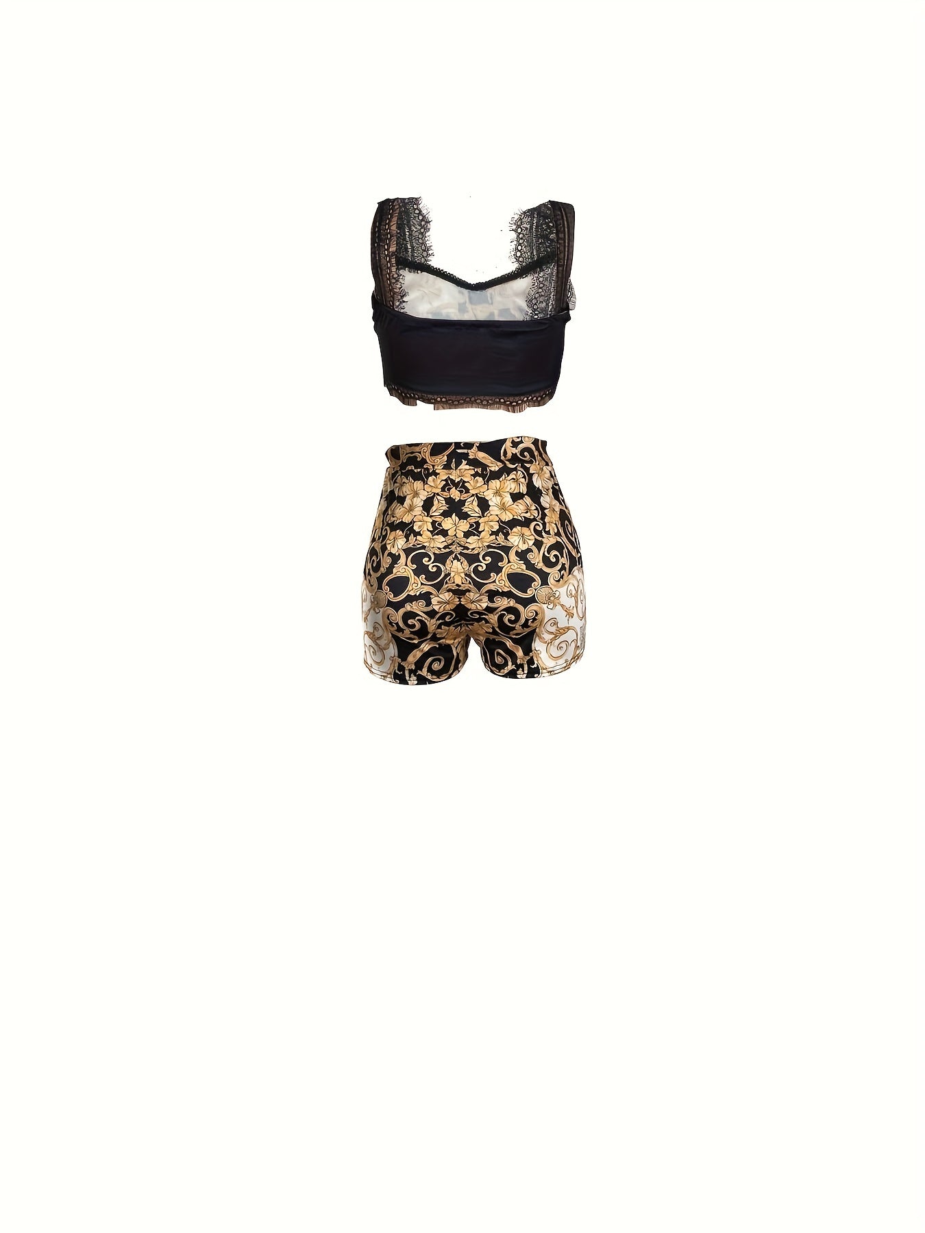 Cross border European and American Women's sexy palace printed lace suspender short top and shorts set