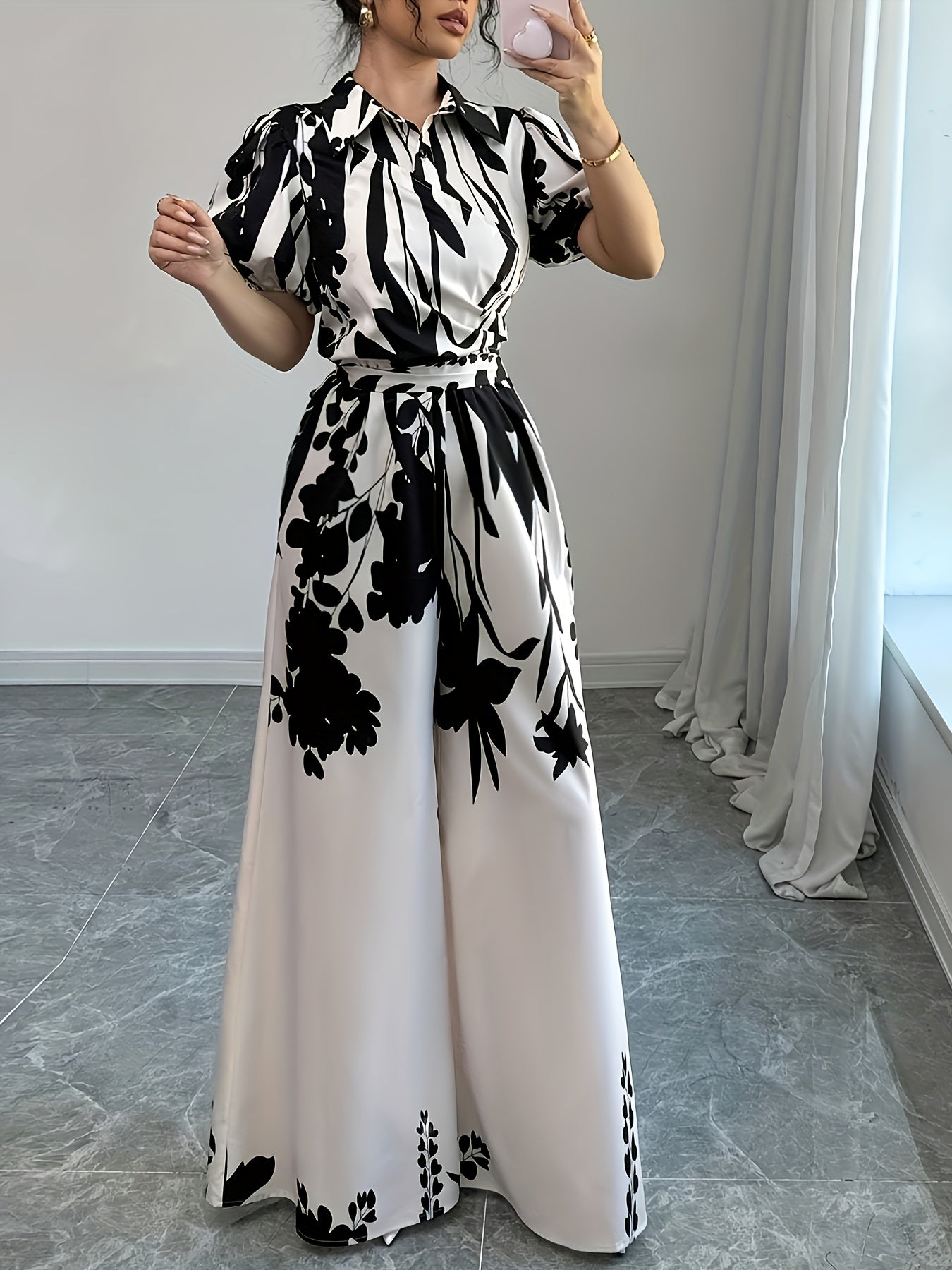 Elegant Floral Print Short Sleeve Long Palazzo Culottes with Belt for Adult, Going Out, Spring/Summe