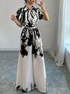 Elegant Floral Print Short Sleeve Long Palazzo Culottes with Belt for Adult, Going Out, Spring/Summe