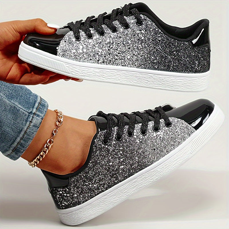 Women's Glitter Sneakers - Casual Athletic Flat Shoes, Fashionable Low Top Lace-up Fashion Skate Shoes - Plus Size - For Women - Suitable for Casual Wear, Sports & Parties - Perfect Gift for Fashionable Women