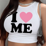 I Love Me Print Crop Tank Top, Casual Slim Sleeveless Tank Top For Summer, Women's Clothing