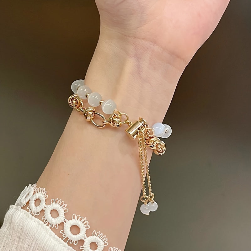 1pc Women's Fashion Cat Eye Stone Bead Bracelet with Adjustable Rope Buckle - Elegant Beaded Design, Versatile Accessory for Watch, Jewelry & Fragrance Display, Fashion Accessory | Stylish Timepiece Enhancement | Goldtoned Ha