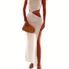 Female Long Dress, Summer Solid Color Sleeveless Spaghetti Strap Hollow Out One-Piece with Drawstring