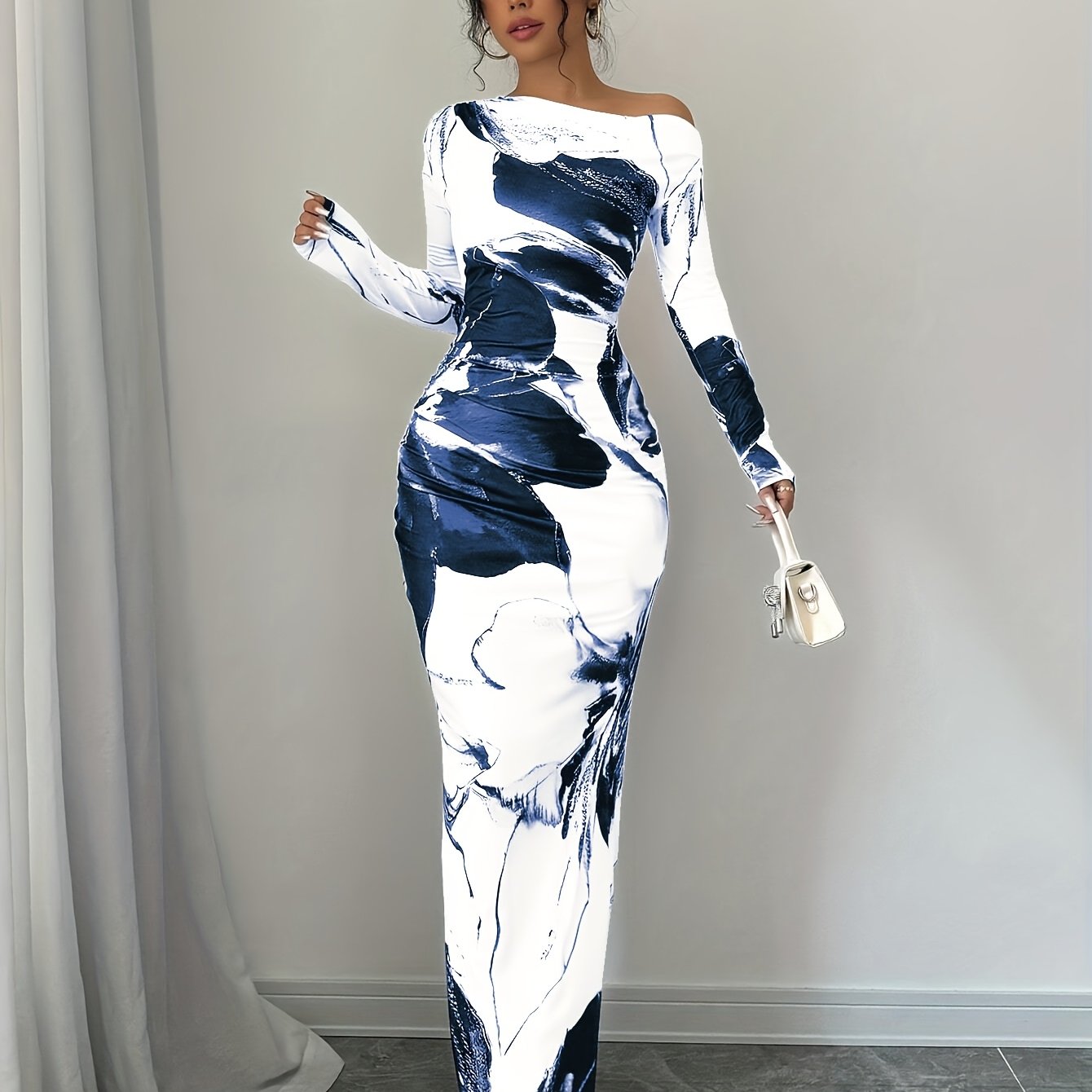 Elegant Off-Shoulder Floral Print Long Dress for Women - Slim Fit, Casual Yet Stylish, Polyester Fabric, Machine Washable, Black & White Floral Design, All-Season Wear, Occasion Dress | Offshoulder Gown | Glossy Texture