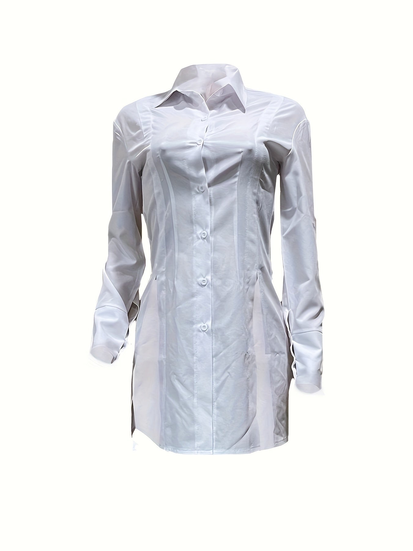 Women V Neck Button Down Shirt Dress Side Slit Long Sleeve Sexy Casual White Blouse Tops