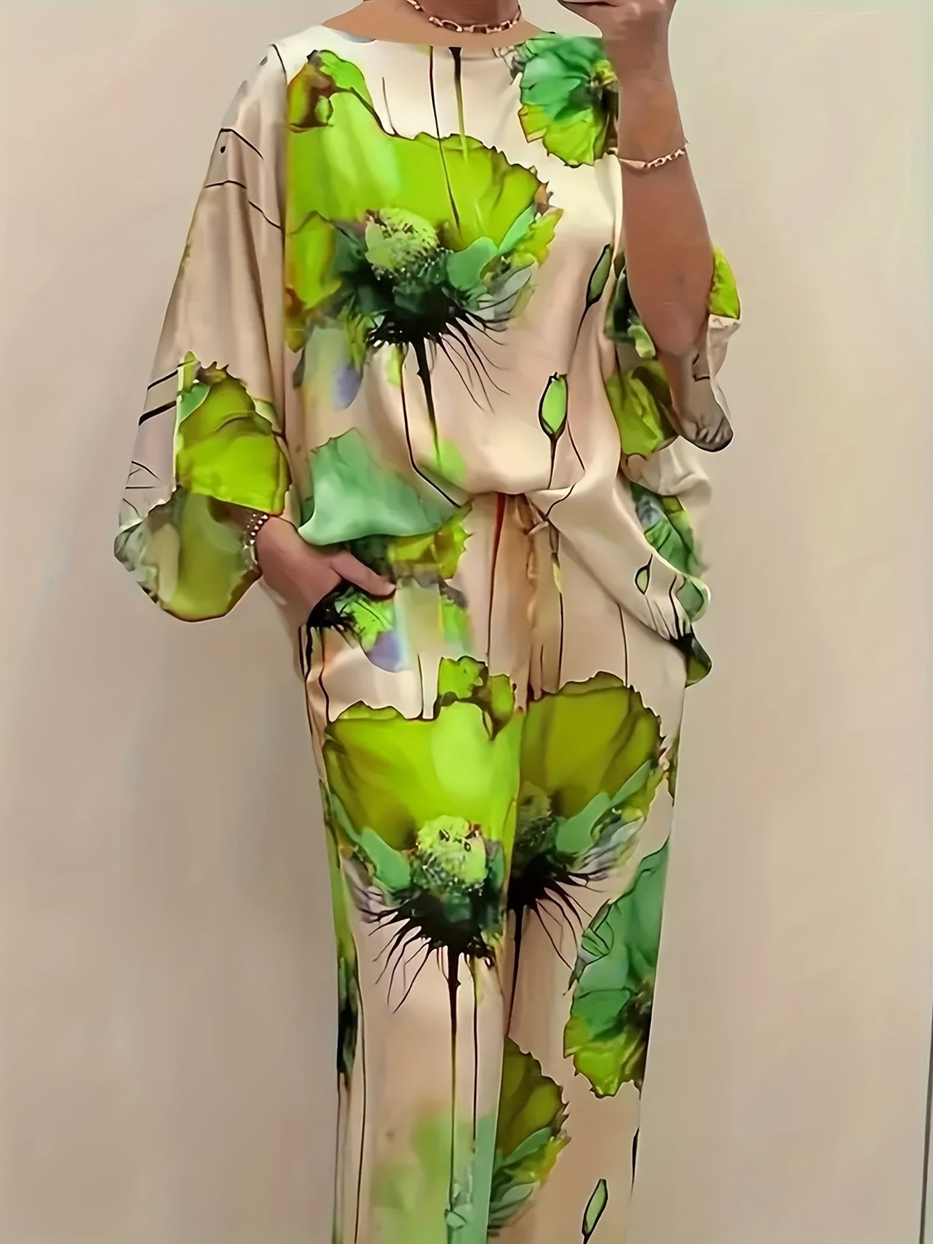 Women's Elegant Floral Print Satin Two-Piece Set: Round Neck Top and Wide Leg Pants