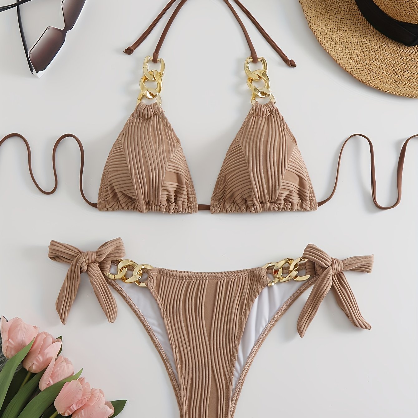 Stripes Ruched Texture Golden Chain Ring Link Halter 2 Piece Set Bikini, Bow Tie Side Triangle Halter Tie Neck Stretchy Swimsuit For Beach Pool Bathing, Women's Swimwear & Clothing