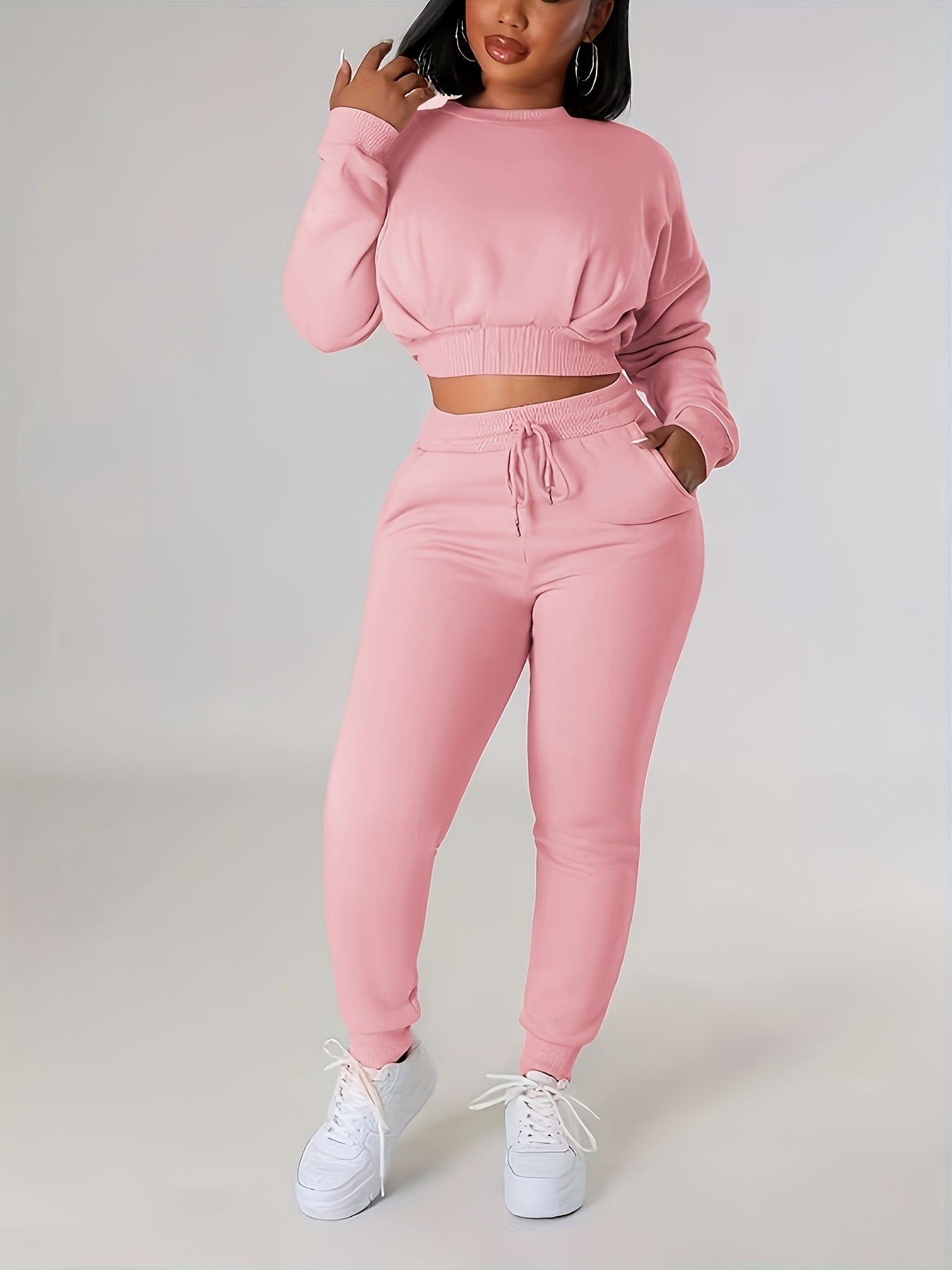 2pcs Stylish Elastic Hem Sports Suit - Women's Activewear, Long Sleeves Drawstring Crew Top & Pant Set, Comfortable Sporty Outfit For Fitness, Running, And Casual Wear