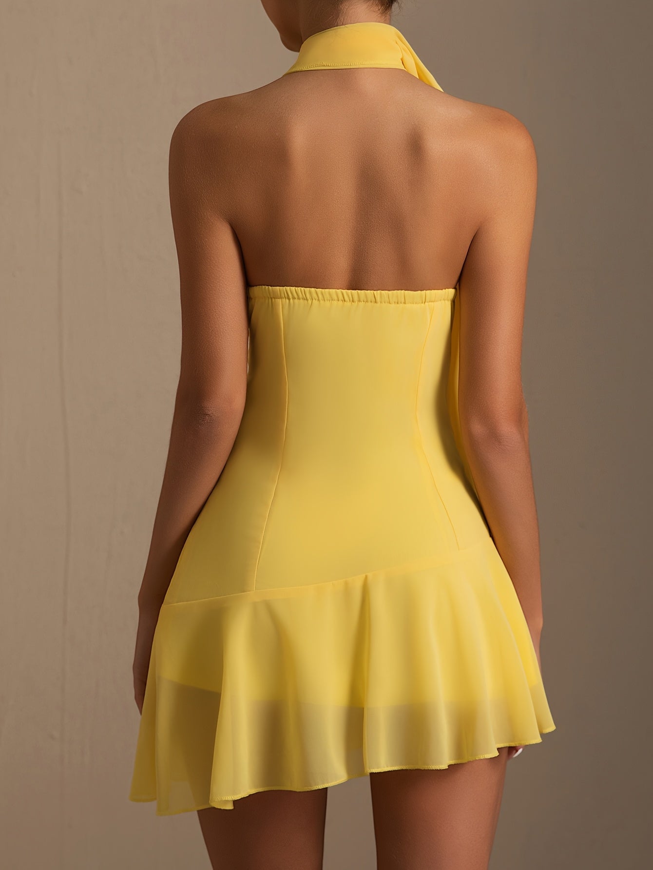 Elegant Mustard Yellow Halter Neck Dress with Asymmetrical Hem - Sleeveless, Retro Style, Perfect for Vacation or Casual Outings, Polyester Fabric, All-Season Wea