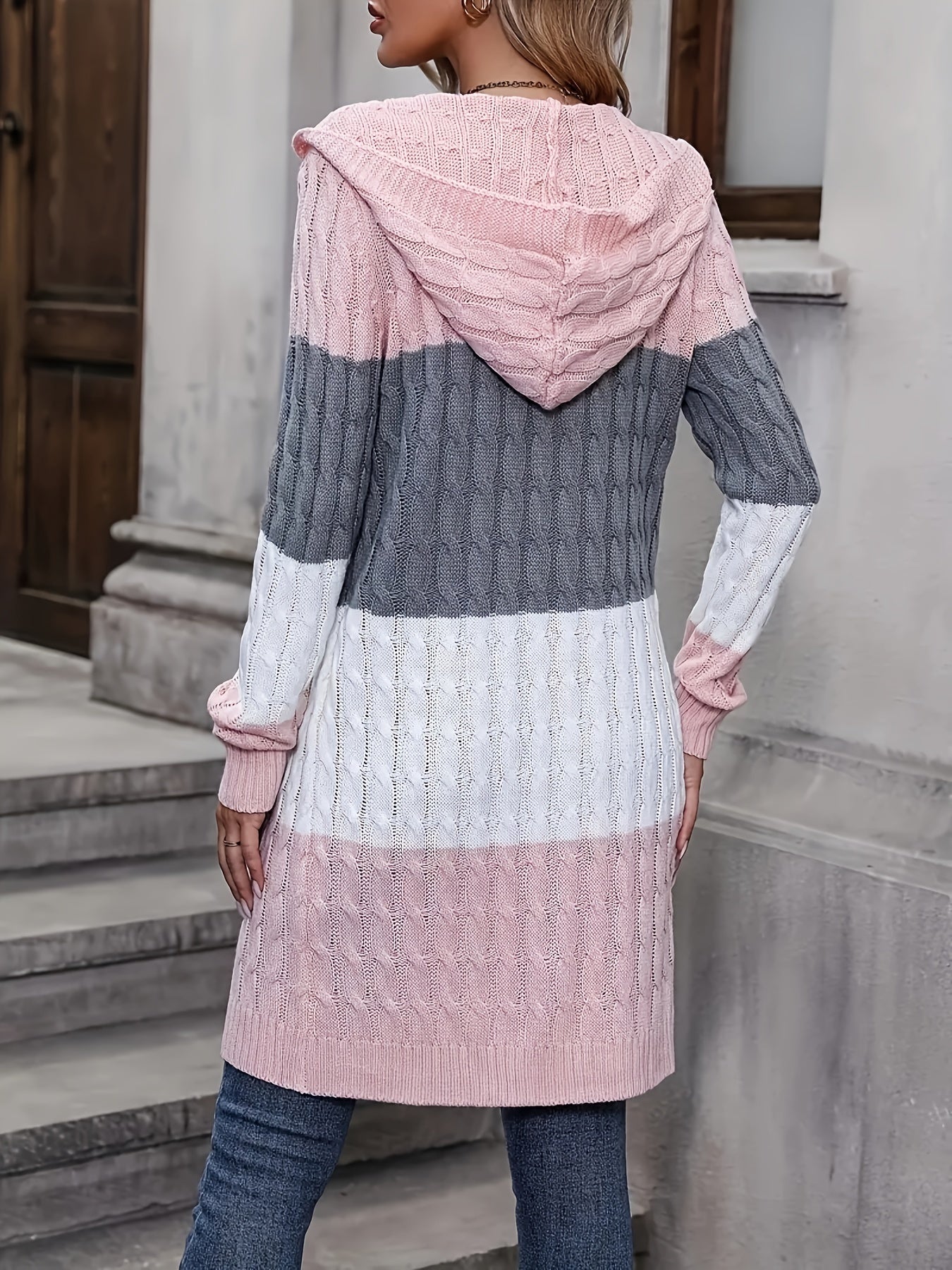 Chic Twilight Striped Long Cardigan with Hood - Casual Open Front Sweater, Cozy Cable Knit, Two-Tone Color Design, Perfect for Fall/Winter, Available in Pink/Gray/White