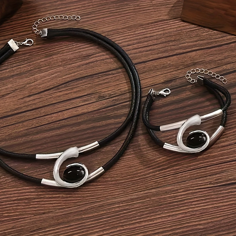 2pcs Bohemian Style Necklace And Bracelet Set Double Black Cord Design Fashion Jewelry Set for Women Party Accessory Perfect Gift