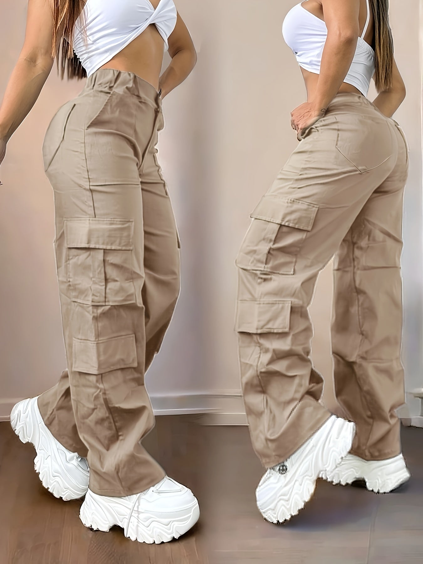 Women's Y2K Streetwear Cargo Pants - Loose Fit Multi-Pocket Workwear Style, Beige Casual Trousers with Multiple Pockets, Non-Stretch Fabric for All-Season Comfort, Everyday Trousers | Relaxed Fit Pants | Streetwear Aesthetic