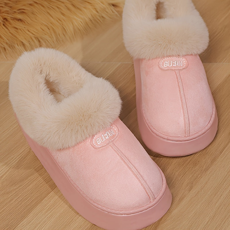 Women'S Preppy Solid Color Slip on Furry Slippers, Soft Warm Plus Fleece House Shoes with Round Toe, EVA Sole, Fabric Upper and Inner Material, Casual All-season Slippers