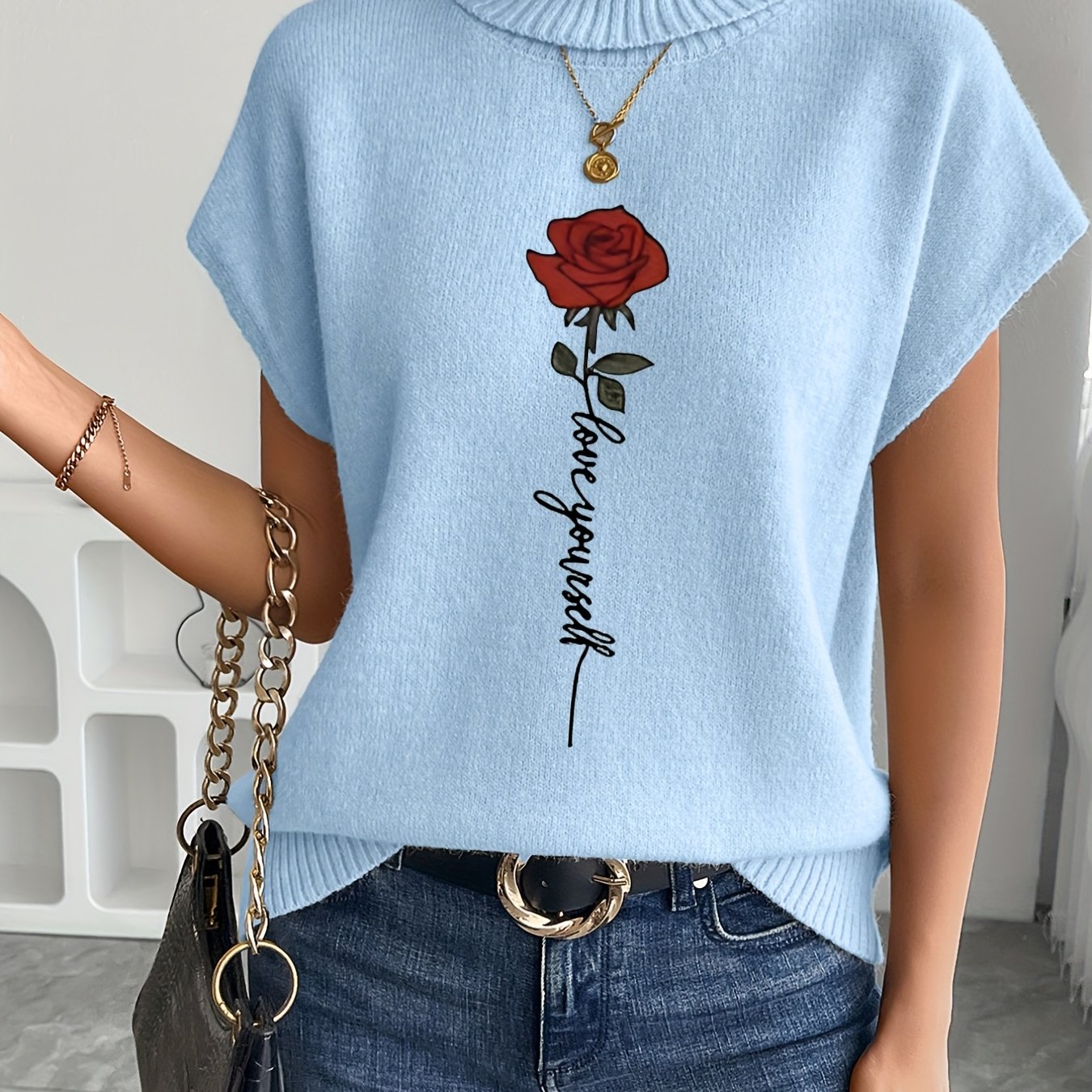 Women's Casual Rose Print Sleeveless Knit Vest - Elegant Beige Sweater with High Neckline and Stretchy Fabric, Perfect for Spring/Summer/Fall