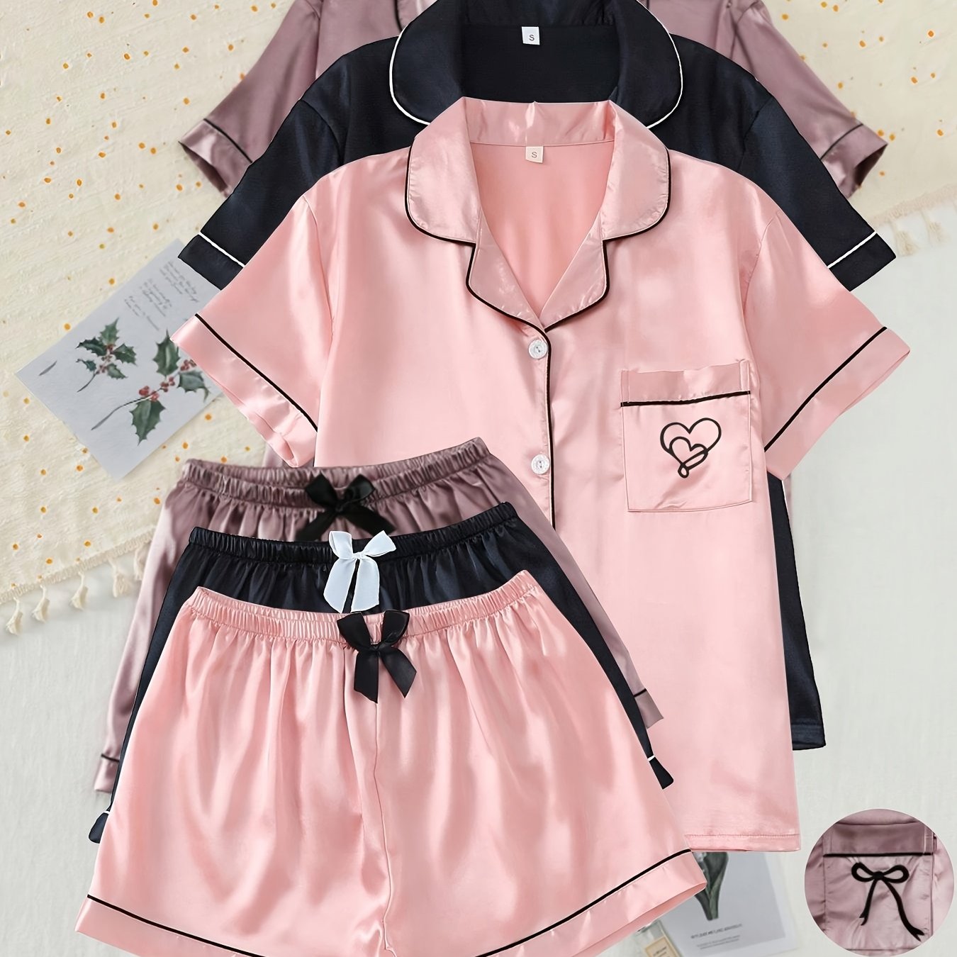 6pcs Colorful Satin Women'S Pajama Set, Short Sleeve Embroidered Lapel Top and Bowknot Shorts, Women'S Pajamas and Home Clothes