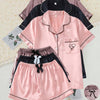 6pcs Colorful Satin Women'S Pajama Set, Short Sleeve Embroidered Lapel Top and Bowknot Shorts, Women'S Pajamas and Home Clothes