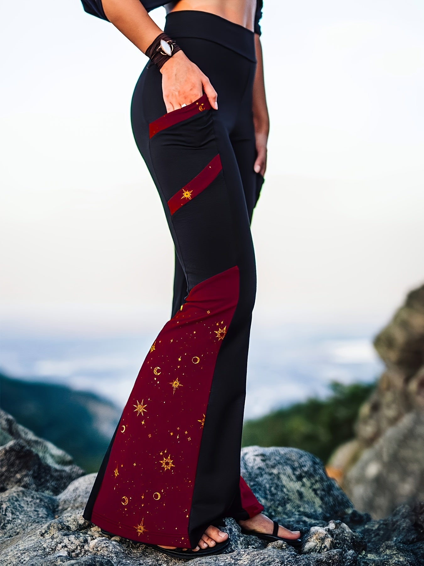 Plus Size Moon Print Flared Pants with Pockets, Casual Spring/Fall Women's Clothing