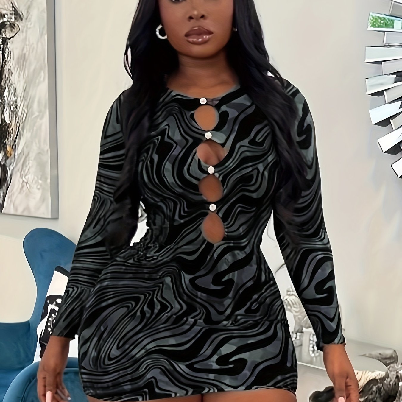 Elegant & Sexy Women's Bodycon Dress - Long Sleeve, Round Neck, Camo Print, Stretch Fabric, Machine Washable