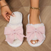 Kawaii Bowknot Plush Slippers, Open Toe Slip On Flat Fuzzy Shoes, Winter Warm Home Floor Slippers
