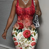 [Vibrant Red, Floral Print Dress] Vibrant Red Elegant Women's Floral Print Sleeveless Dress - Stretchy Polyester Blend, Crew Neck, Knee-Length, Perfect for Spring/Summer