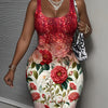 [Vibrant Red, Floral Print Dress] Vibrant Red Elegant Women's Floral Print Sleeveless Dress - Stretchy Polyester Blend, Crew Neck, Knee-Length, Perfect for Spring/Summer