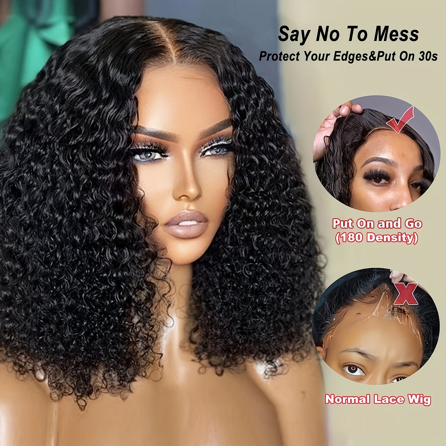 [150% Density Curly Bob Wig] Easy-to-Wear Curly Wave Bob Wig for Women | 100% Brazilian Human Hair | Pre-Plucked & Pre-Cut with Adjustable No-Glue 4x4 HD Lace Closure | Natural Black, 150% Density | Versatile & Beginner-Frien